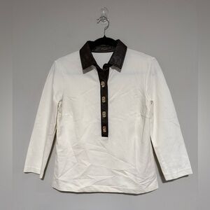 J. McLaughlin Nadine Faux Leather Trim Henley Top Size Small 3/4 Sleeve